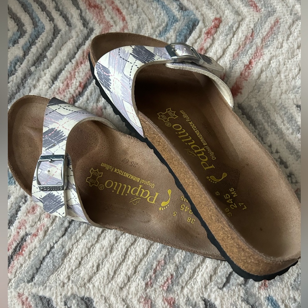 Birkenstock Papillio Madrid Purple and White Argyle Sandals EUC 38 ladies 7